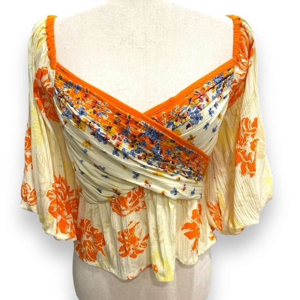 Free People Cropped Faux Wrap Floral Boho Hippie Blouse